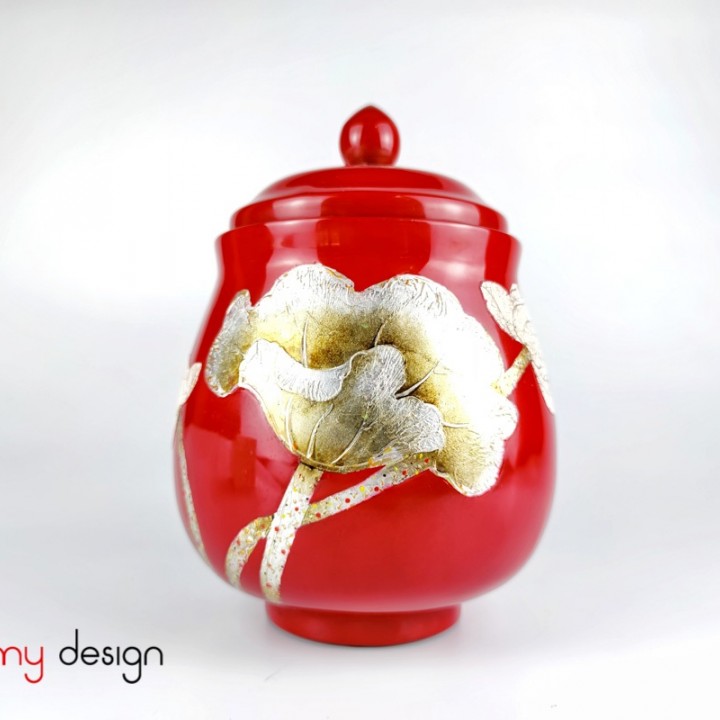 Red lacquer jar with lid hand-painted with lotus 15xH23 cm